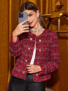 Amorya 女款格紋雙排扣聖誕外套 時尚百搭 秋冬穿著 適合正裝、辦公、夜生活、晚餐 紅黑配色 優雅法式風 - 紅色 - 查看 4
