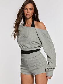 Opulessa Women's Rhinestone Letter 2 In 1 Drop Shoulder Long Sleeve Sweatshirt And Shorts Casual Athleisure 2 Pieces Set Everyday Lounge Grey Fall - Grey - View 4