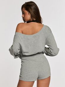Opulessa Women's Rhinestone Letter 2 In 1 Drop Shoulder Long Sleeve Sweatshirt And Shorts Casual Athleisure 2 Pieces Set Everyday Lounge Grey Fall - Grey - View 6