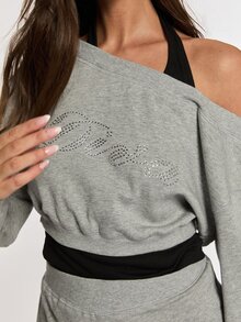 Opulessa Women's Rhinestone Letter 2 In 1 Drop Shoulder Long Sleeve Sweatshirt And Shorts Casual Athleisure 2 Pieces Set Everyday Lounge Grey Fall - Grey - View 5