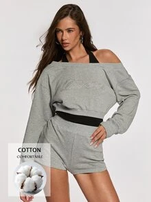 Opulessa Women's Rhinestone Letter 2 In 1 Drop Shoulder Long Sleeve Sweatshirt And Shorts Casual Athleisure 2 Pieces Set Everyday Lounge Grey Fall - Grey - View 2