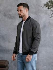 EGENSIO Chaqueta de béisbol para hombre con manga larga, cremallera delantera y patchwork de letras - Gris Oscuro - Ver 3