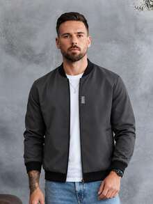 EGENSIO Chaqueta de béisbol para hombre con manga larga, cremallera delantera y patchwork de letras - Gris Oscuro - Ver 1