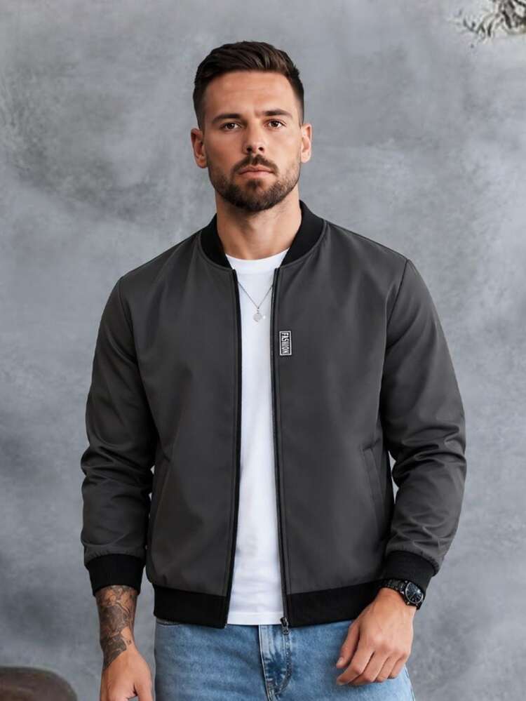 EGENSIO Chaqueta de béisbol para hombre con manga larga, cremallera delantera y patchwork de letras - Gris Oscuro - Añade 1