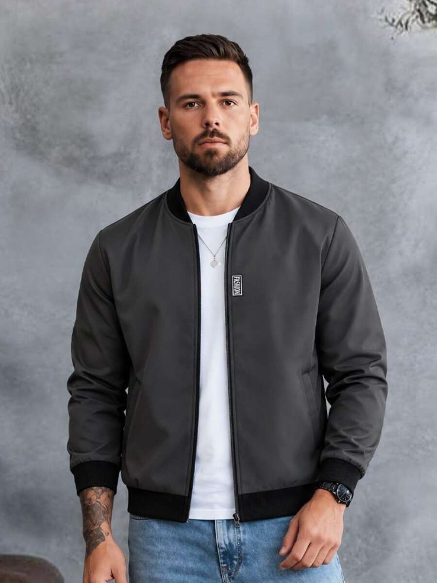 EGENSIO Chaqueta de béisbol para hombre con manga larga, cremallera delantera y patchwork de letras - Gris Oscuro - Ver 1