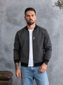 EGENSIO Chaqueta de béisbol para hombre con manga larga, cremallera delantera y patchwork de letras - Gris Oscuro - Ver 6
