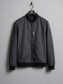 EGENSIO Chaqueta de béisbol para hombre con manga larga, cremallera delantera y patchwork de letras - Gris Oscuro - Ver 2