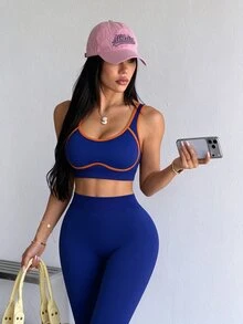 Dewbera Dewbera Women's Trim Cropped Tank Top And Leggings Sports Casual Sporty Set Gym Workout Navy Blue Fall - Navy Blue - View 1