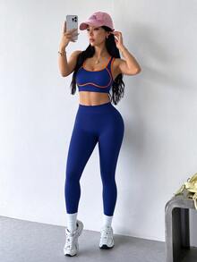 Dewbera Dewbera Women's Trim Cropped Tank Top And Leggings Sports Casual Sporty Set Gym Workout Navy Blue Fall - Navy Blue - View 7