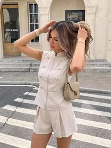 Serisse Women's Casual French Button Decor Zipper Stand Collar Vest And Shorts 2 Pieces Set Fall/Winter Elegant Formal City Break Tea Party High Tea Beige - Apricot - View 4