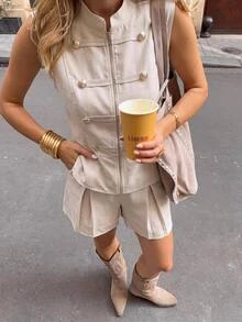Serisse Women's Casual French Button Decor Zipper Stand Collar Vest And Shorts 2 Pieces Set Fall/Winter Elegant Formal City Break Tea Party High Tea Beige - Apricot - View 2