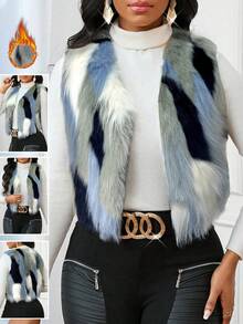 SHEIN Lady Plus Size Fashionable Commuter Colorblock Sleeveless Jacket, Autumn/Winter - White - View 5