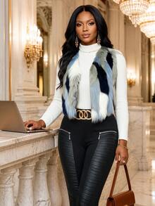 SHEIN Lady Plus Size Fashionable Commuter Colorblock Sleeveless Jacket, Autumn/Winter - White - View 1