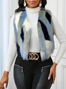 SHEIN Lady Plus Size Fashionable Commuter Colorblock Sleeveless Jacket, Autumn/Winter - White - View 4