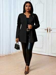 SHEIN Lady Plus Size Women Casual Elegant Open Front Long Sleeve Lightweight Black Blazer For Women Autumn Winter Fall - Black - View 4