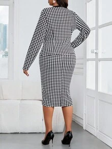 SHEIN Lady 大码千鸟格图案长袖夹克和无袖连衣裙优雅两件套 - 黑與白 - 查看 2