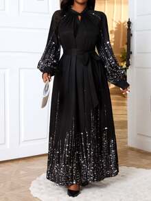 Fleurora Plus Size Women's Keyhole Neck Glitter Print Long Sleeve Tie Waist Dress, Elegant For Party And Occasions, Spring/Autumn/Winter Fall - Black - View 5