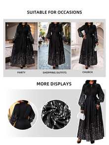Fleurora Plus Size Women's Keyhole Neck Glitter Print Long Sleeve Tie Waist Dress, Elegant For Party And Occasions, Spring/Autumn/Winter Fall - Black - View 4