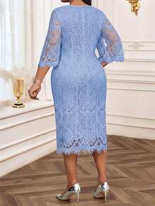 Fleurora Plus Size Spring, Summer, Autumn And Winter Elegant Party Blue Lace Dress Dresses Wedding Guest For Women Weddings & Events Mother's Day Fall - Baby Blue - View 2