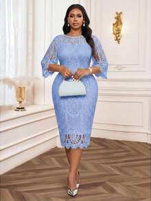 Fleurora Plus Size Spring, Summer, Autumn And Winter Elegant Party Blue Lace Dress Dresses Wedding Guest For Women Weddings & Events Mother's Day Fall - Baby Blue - View 3