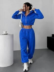 SHEIN EZwear 女款休閒粉色連帽衛衣與運動長褲兩件式居家服套裝 - 寶藍色 - 查看 4