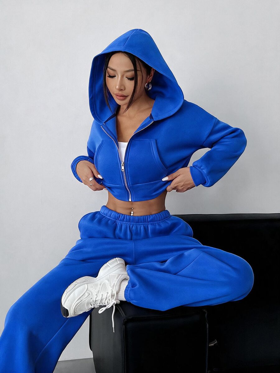 SHEIN EZwear 女款休閒粉色連帽衛衣與運動長褲兩件式居家服套裝 - 寶藍色 - 查看 1