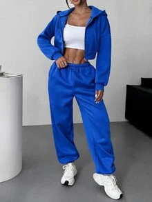 SHEIN EZwear 女款休閒粉色連帽衛衣與運動長褲兩件式居家服套裝 - 寶藍色 - 查看 6