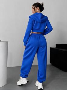 SHEIN EZwear 女款休閒粉色連帽衛衣與運動長褲兩件式居家服套裝 - 寶藍色 - 查看 2