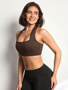 SHEIN Dewbera تي شيرت رياضي نسائي بلون موحد بياقة هالتر للارتداء اليومي الكاجوال - بني - مشاهدة 5