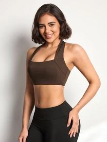 SHEIN Dewbera تي شيرت رياضي نسائي بلون موحد بياقة هالتر للارتداء اليومي الكاجوال - بني - مشاهدة 2