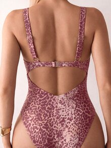 SHEIN Swim Minimalist Leopard Print One-Piece Bikini Swimsuit,Supportive For Small Bust,Maroon Summer Casual Beach Holiday Vacation,Cut Out Printed Suit - Multicolor - View 2
