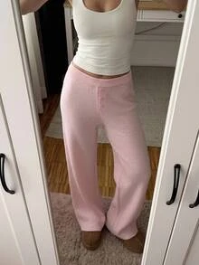 CovetEZ Women's Solid Color Casual Daily Wear Knitted Long Pants - Pink - View 3