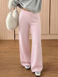 CovetEZ Women's Solid Color Casual Daily Wear Knitted Long Pants - Pink - View 4