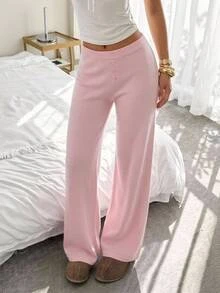 CovetEZ Women's Solid Color Casual Daily Wear Knitted Long Pants - Pink - View 2