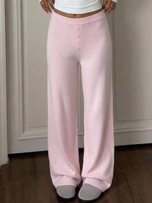 CovetEZ Women's Solid Color Casual Daily Wear Knitted Long Pants - Pink - View 1