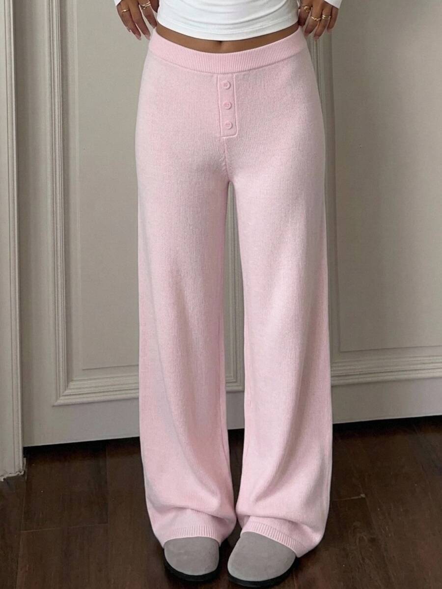 CovetEZ Women's Solid Color Casual Daily Wear Knitted Long Pants - Pink - View 1