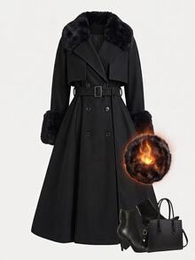 SHEIN Clasi 大尺碼拼接袖口人造毛領鈕扣大衣 冬季 - 黑色 - 查看 8