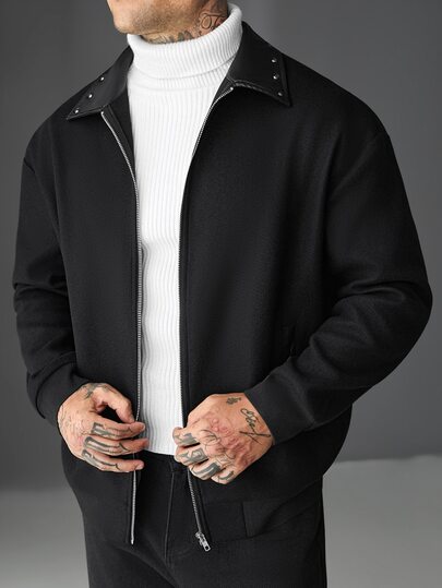 SLATEMANN 2026 Nieuwe heren Nieuwjaar Kerstmis Halloween vakantie cadeau mode ontwerp minimalistisch elegant veelzijdig losse casual overjas met studs en revers in zwart