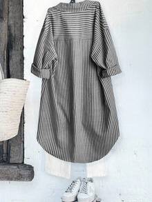SHEIN LUNE 大码女式经典法式复古风格百搭条纹休闲百搭衬衫，时尚都市时尚设计，适合所有季节，可搭配衬衫和夹克 - 彩色 - 查看 3