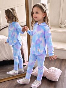 Elladie kids 青少年女孩格紋連帽2件套服裝，長袖連帽衫與鬆緊腰長褲套裝，休閒春秋冬套裝 - 淡紫色 - 查看 1