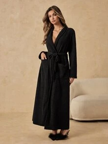 HautHeat Women's Solid Color Long Sleeve Waist Tie Pocket Design Robe - Coffee Brown - View 7