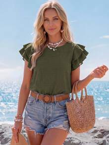 Sylviya Women's Round Neck Ruffle Sleeve Blouse - Army Green - View 2