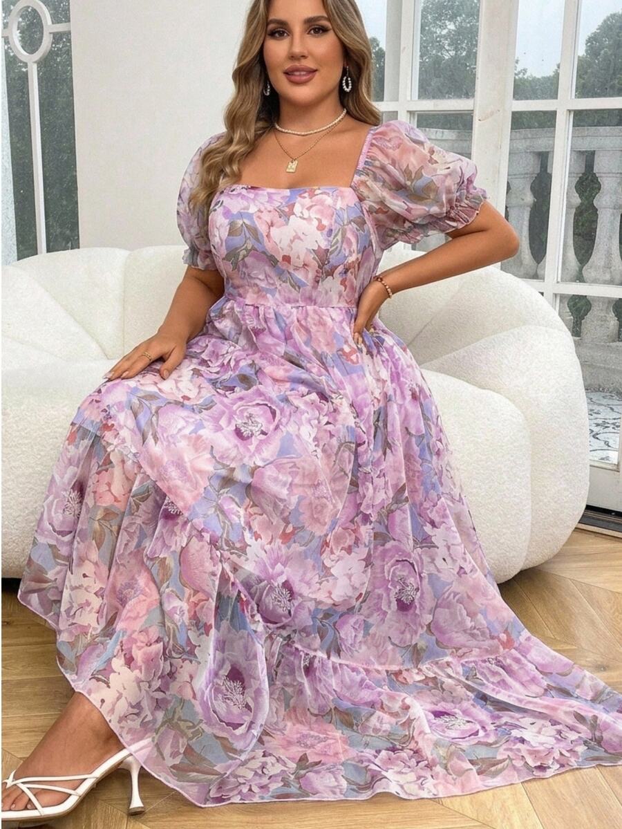 Vionelle Plus Size Romantic Puff Sleeve Printed Chiffon See-Through Dress Maxi Organza Women Outfit, For Summer - Purple - View 1