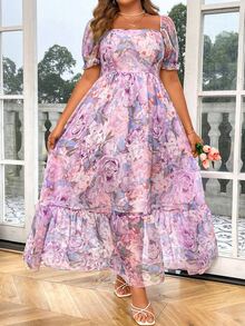 Vionelle Plus Size Romantic Puff Sleeve Printed Chiffon See-Through Dress Maxi Organza Women Outfit, For Summer - Purple - View 4