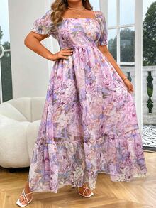 Vionelle Plus Size Romantic Puff Sleeve Printed Chiffon See-Through Dress Maxi Organza Women Outfit, For Summer - Purple - View 5