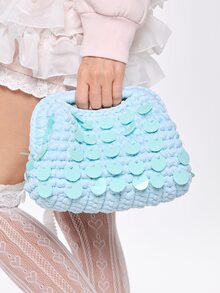 ROMWE Kawaii 女款亮片鉤編迷你手提包，手工編織頂把手手拿包，適合派對與海灘 - 彩色 - 查看 3