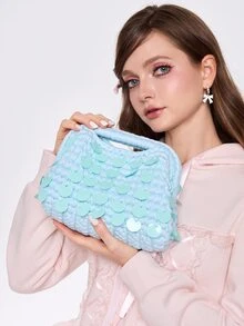 ROMWE Kawaii 女款亮片鉤編迷你手提包，手工編織頂把手手拿包，適合派對與海灘 - 彩色 - 查看 4