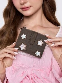 ROMWE Kawaii Star Style Tri-Fold Wallet Large Capacity Cartoon Cute Short Creative Snap Button Women's Coin Purse, Card Wallet - Brown - View 4
