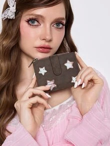 ROMWE Kawaii Star Style Tri-Fold Wallet Large Capacity Cartoon Cute Short Creative Snap Button Women's Coin Purse, Card Wallet - Brown - View 2