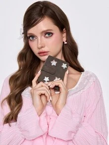 ROMWE Kawaii Star Style Tri-Fold Wallet Large Capacity Cartoon Cute Short Creative Snap Button Women's Coin Purse, Card Wallet - Brown - View 3